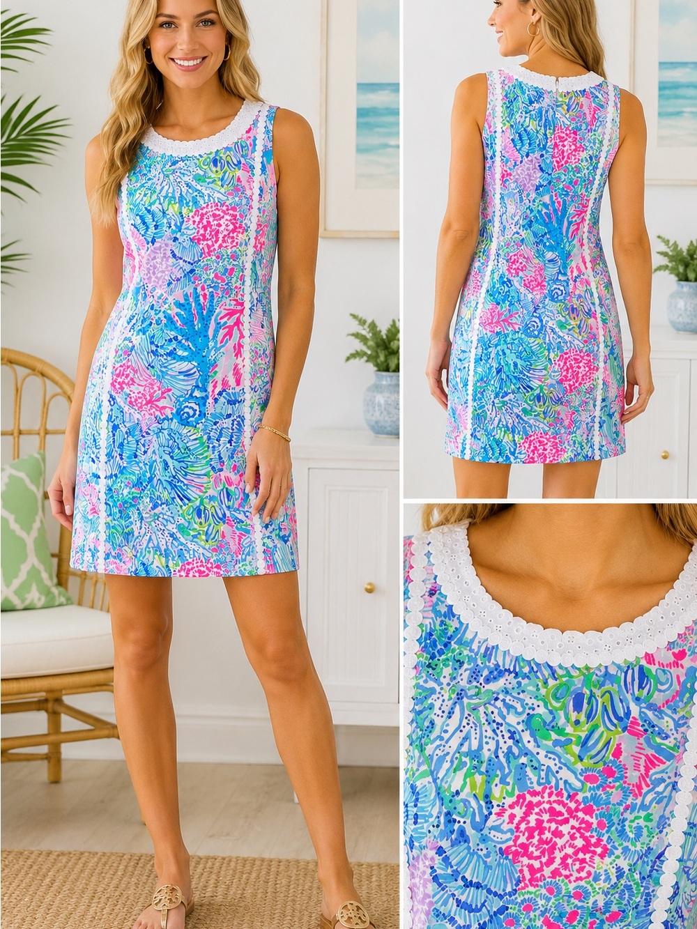 Lilly Pulitzer Size 4 Coral Reef Print Shift Dress Eyelet Trim Sleeveless
